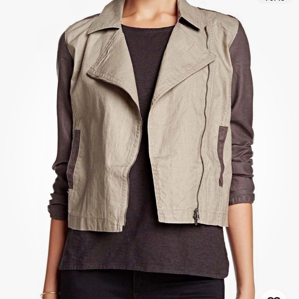 Eileen Fisher Coated‎ Organic Linen Stone Asymmetric Zip Moto Jacket